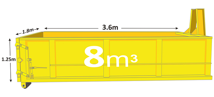 8m walk in bin in yellow with measurements